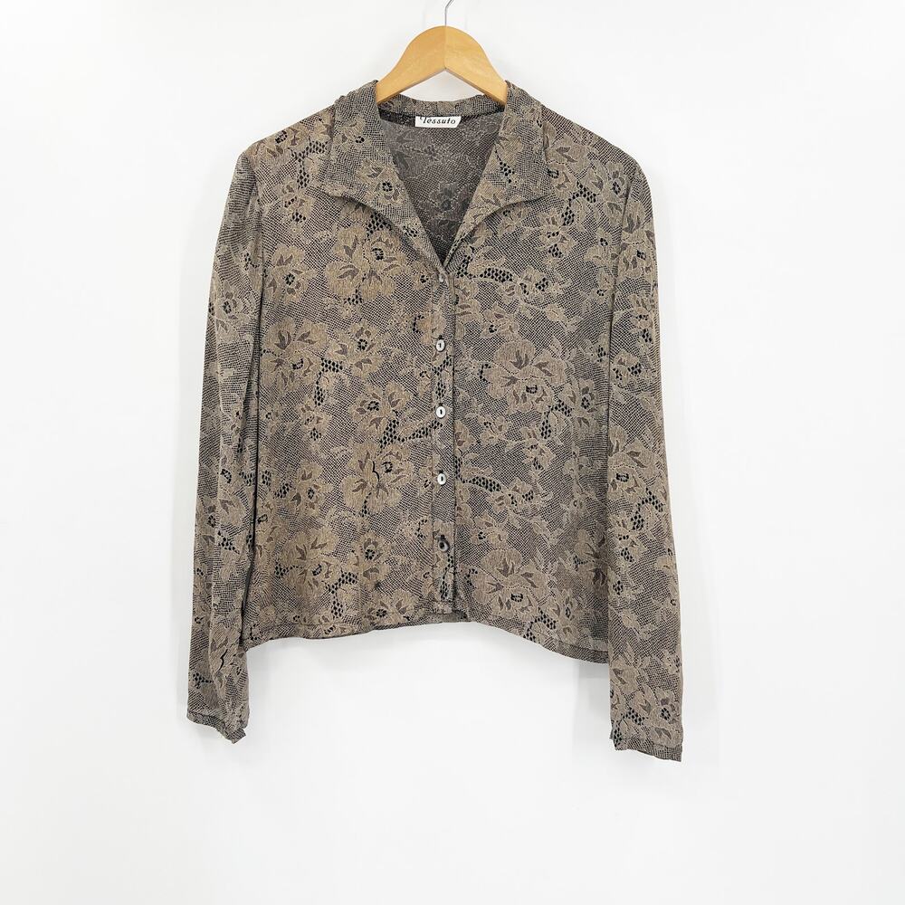 Vintage Tessuto Floral Print Button Front Long Sleeve Blouse